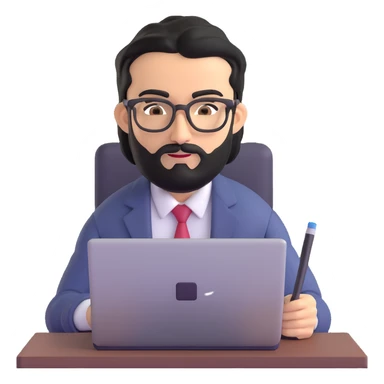 middle eastern businessman with medium length black beard, black hair, thick unibrow, elongated nose, tan skin, brown eyes, glasses, in business casual outfit, working on a notebook computer sticker