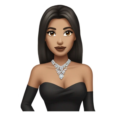 Brunette woman pale tan skin tone. Blowdried layered bouncy. Diamond earrings and necklace big lips. Kim k and kylie look alike. Black elegant dress sticker