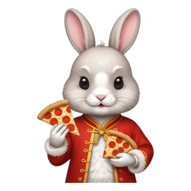 rabbit, wearing chinese ancient custome, with pizza sticker