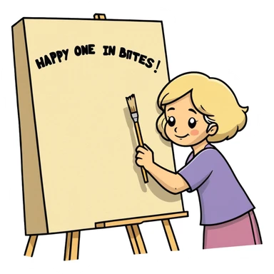 Older Woman with sandy blonde hair painter/artist painting a big canvas that reads “ANOTHER ONE BITES THE DUST - HAPPY BIRTHDAY” in 60’s hippie style painting sticker