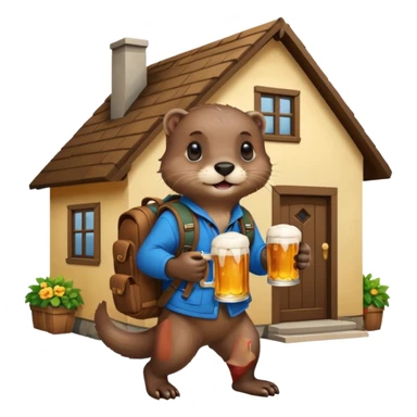 otter with a backpack holding a beer entering a house sticker
