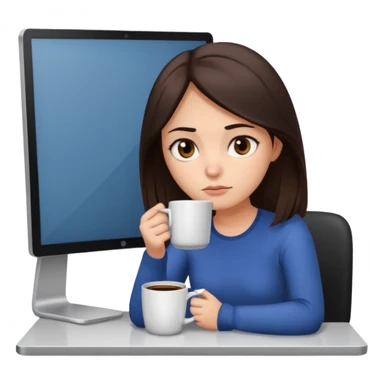 A brunette girl with dark brown eyes, dark circles under eyes, tired, sad face, with a mug of coffee in one hand and sitting in front of a computer sticker