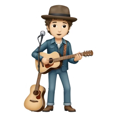 Icon for Folk Music: Bob Dylan with his harmonica and acoustic guitar, performing with his band on stage. The atmosphere should be intimate and nostalgic, capturing the soul of folk music with simple instruments and natural vibes. Transparent background. sticker