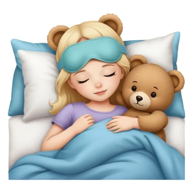 A girl Wearing a cute sleep mask is sleeping with a Teddy Bear sticker