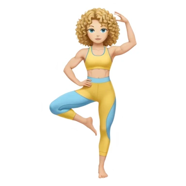 A white girl with golden blue eyes and curly hair showcases strong and powerful arm muscles, wearing a lemon yellow upper body and sky blue lower body yoga suit sticker