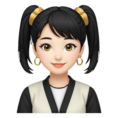 a beautiful girl face, wearing cute korean makeup, black hair, tied into two lowbuns with front bangs, black shirt, white jacket with golden shoulder pads, kpop idol sticker