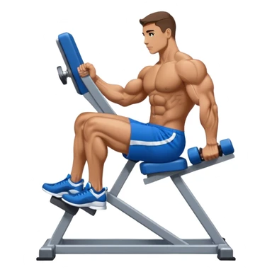 side-view bodybuilder in blue shorts seated weighted calf-raise machine on his tip toes sticker
