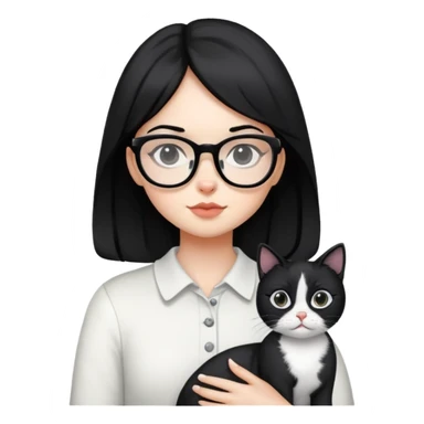 Girl with black hair wearing glasses holding a black and white cat sticker