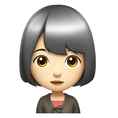 a cute Japanese little girl, with a straight-bob black hair, puffed cute face, her hands touching her left cheek, sad face looking down thinkig sticker