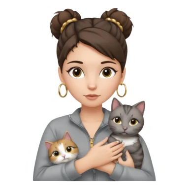 a white girl with brunette hair in a messy bun holding a grey cat. the girl has long lashes and has on a grey zip up that is half way zipped and under a white shirt and gold jewelry that is hoop earrings and gold bracelets. sticker