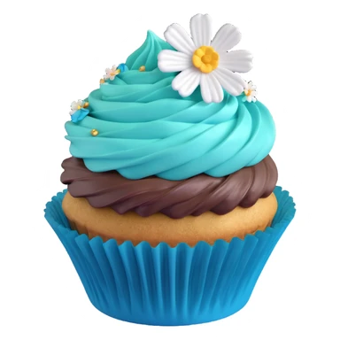 A 3D iOS-style blueberry cupcake with a teal frosting swirl, a single blueberry on top, and a small flower decoration, based on the reference image. The cupcake should have a teal wrapper and a golden-brown base, with a light shadow underneath. sticker
