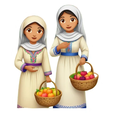 Palestinian women dressed in traditional embroidered thobes harvesting fruit in an orchard. Their vibrant and intricately designed dresses reflect deep heritage, while their coordinated efforts collecting fruit in a woven basket sticker