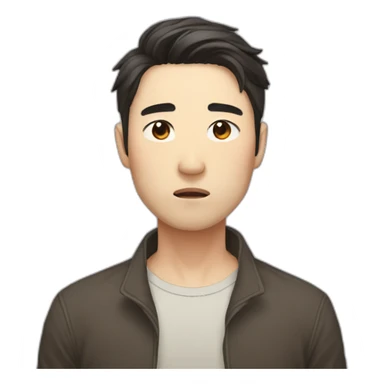 korean male early thirties short beard long brown hair sad expression sticker