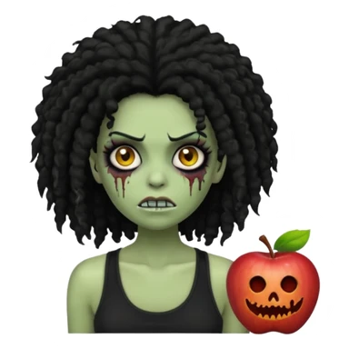a female zombie with sage green skin, black long afro hair, eyelashes and a black tank top in apple emoji style sticker
