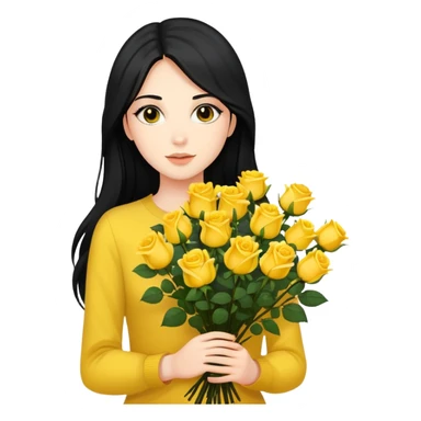 Beautiful girl with long black hair holding a bouquet of yellow roses sticker