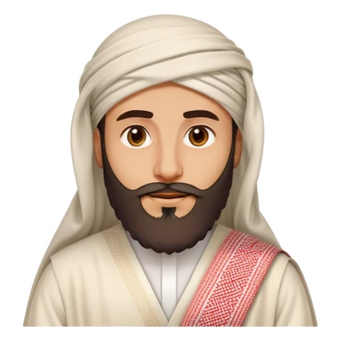 Saudi man emoji style, wide beard, angular features, white thobe, red shemagh, welcoming expression sticker