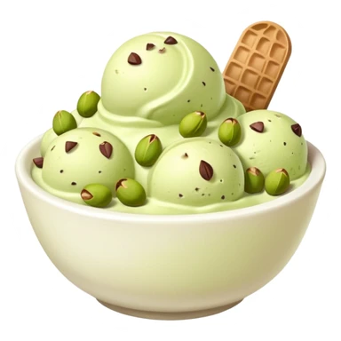 I want a emoji of pistachio ice cream with pistachio on top and some chocolate chips , make sure it’s in a bowl and aesthetic in a white bowl and make it look a little bit more green sticker