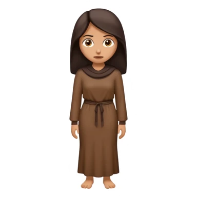 Cartoon emoji of a Middle Eastern-looking woman with long, loose dark hair, wearing chocolate-colored clothes. Full-height, standing, nervous, unsure, worried expression. Slightly hunched, anxious posture. Smooth, simple, stylized. sticker