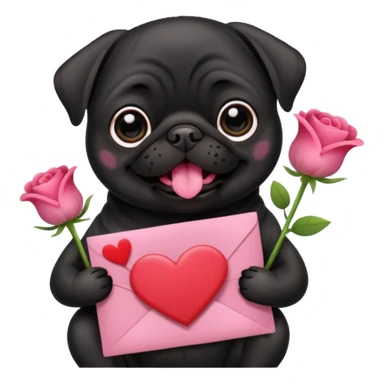 black pug holding valentine’s day card and flowers sticker