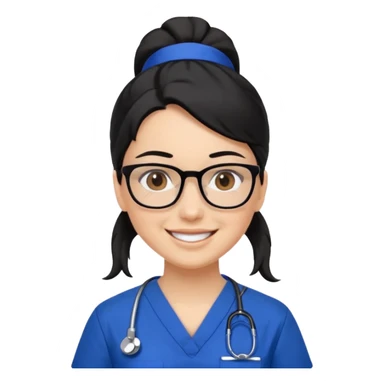 Nursing Assistant Training Completed, white woman, black hair in ponytail, brown eyes, black glasses, royal blue scrubs smiling happy sticker