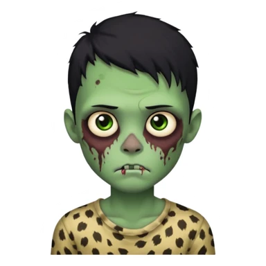 Zombie boy with green skin and sleepy eyes and scars on his face and a shirt that has cheetah texture and black hair sticker