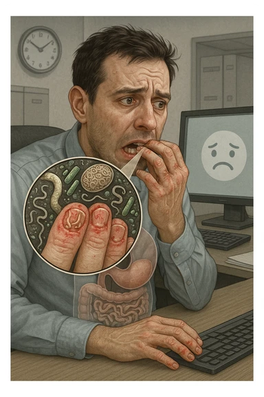 Anxious man at office desk unconsciously biting fingernails, microscopic overlay showing parasitic eggs and bacteria concentrated under nail beds, worms and microorganisms being consumed with each bite, expression of nervous habit unaware of contamination, computer screen reflecting his stress while he infects himself, fingertips raw and bleeding from chronic nail-biting, invisible parasite colonies entering his digestive system sticker