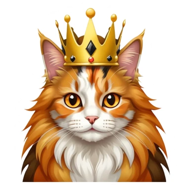 calico maine coon cat with orange, black and white patches wearing a golden crown sticker