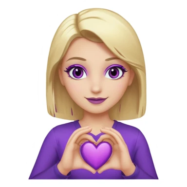twitch emote, kinda chibi style. blonde hair: long, straight, no bangs. gray eyes. an eyebrow with a slit. purple eyeshadow/eyeliner with gold eyeshadow. only face and arms, hands visible. happy, holding a purple heart. white background. sticker