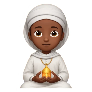 Personnage 3D mignon en style Pixar, un petit garçon portant un qamis blanc et un kufi, tenant un tapis de prière, entouré de lanternes brillantes, fond doux, couleurs chaudes, garçon teint noir sticker