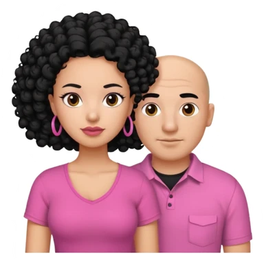 A picture if a couple. the man is a Mexican man with  black hair, a bald hair cut and black shirt on. the woman is mixed with black and white, with curly shoulder length hair and a pink shirt on sticker