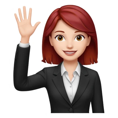 reate Emoji of white girl with bussines outfit is waveing with one hand and make her hair stronger dark red color please sticker
