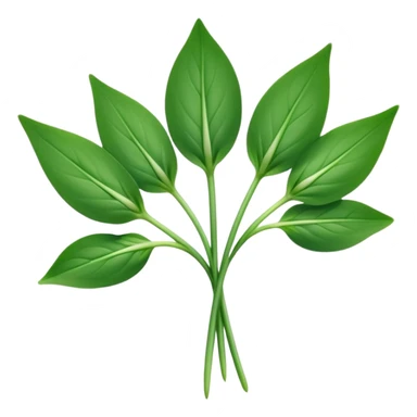 single sprig or small cluster of wild garlic leaves with smooth elongated lance-shaped blades, rich vibrant green color, soft central veins, fresh slightly glossy surface, gently arching from slender stems, no roots or soil, apple emoji style, soft lighting, subtle shadows, emoji scale sticker