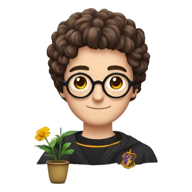 Harry potter avec les cheveux bouclés avec un pot de fleur dans les main  avec des lunettes rondes et ça cicatrices en forme de trait vertical sur le front sticker