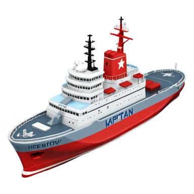 Realistic 3D icon of icebreaker "Kapitan Krutov" (grey hull, red star, white superstructure, "РОСМОРПОРТ" lettering). Soft winter lighting, 3/4 aerial view. Fractured blue ice, white background. High detail, photorealistic GSON style. sticker