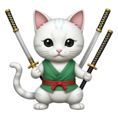 un gato blanco con reeferencia a roroa zoro "una espada en cada mano y una en la boca sticker