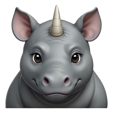cinematic-noble-cute-young rhinoceros-portrait-emoji,slate-grey-hide-poised-and-regal,-with-a-massive,-powerful-build-and-a-thick,--deep-set-soulful-piercing-eyes,-simplified-yet-sharp-and-sophisticated-features,-highly-detailed,-large-black-eyes, white horn, front facing, zoomed out showing shoulders sticker