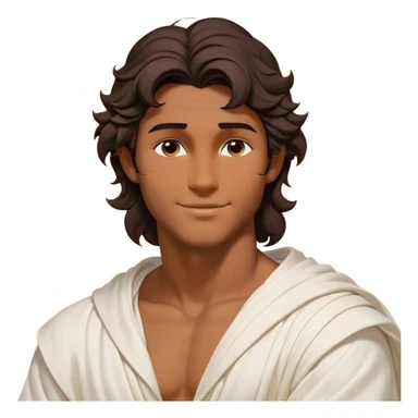 Cinematic Realistic Hercules Portrait, head tilted playfully and inquisitively, showcasing a charming blend of Disney heroic charisma and the refined grace of Michelangelo's David. His sun-kissed bronze skin and thick, wavy dark hair are rendered with classical precision, complementing a warm, inviting smile and sparkling, mischievous eyes. Clad in a softly draped white robe with subtle golden details, he exudes approachable strength under gentle, natural lighting. sticker