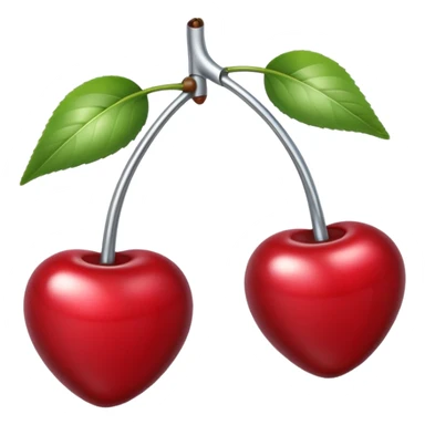 A pair of cherries emoji made of polished silver chrome, smooth rounded shapes, glossy metallic finish, soft highlights and reflections, cute proportions, iOS emoji style, centered, clean white background, no text sticker