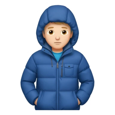 A man sitting on a chair, wearing a puffed coat with hood, hands in his pocket, freezing in the winter sticker