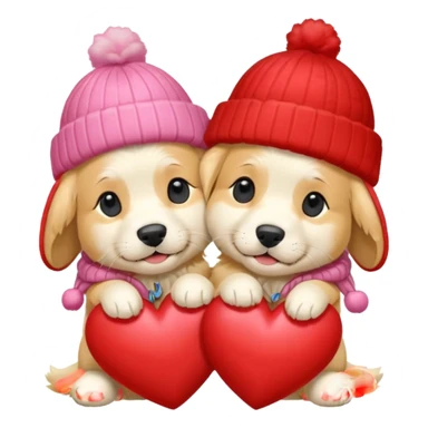 2 English cream golden retrievers cuddling with winter hats and heart in between them. Make them pale dogs . Less cartoon and no hands holding heart just a heart in between . Make them more pale and realistic looking like glossy  sticker
