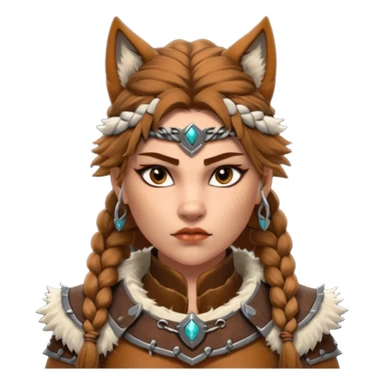 barbarian woman wolf rider portrait, head and shoulders only, fierce female warrior, fur-lined barbarian armor collar, wolf fur details, wild braided hair, intense eyes, tribal warrior vibe, fantasy style, 3D cartoon, mobile game icon style, clean background, no text, no watermark
 sticker