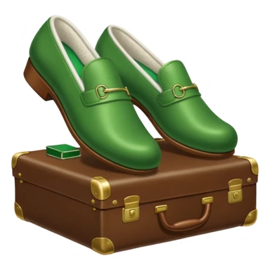 Feet with white socks wearing green slippers standing on a briefcase sticker