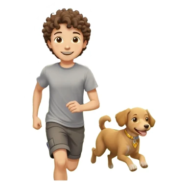 A smiling teenage boy with curly hair and a gray t-shirt standing in a garden, wearing a yellow pendant necklace, looking at the viewer, with a dog running in the grass in the background, suburban house, natural lighting, depth of field, high resolution, realistic painting, style of impressionism. sticker