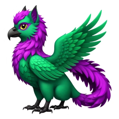 Emerald-green gryphon with a long tufted tail, black beak, dark-magenta swirly pattern markings, black claws, black tail, majestic, realistic, furry (full body) sticker