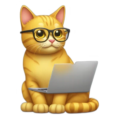 yellow cat with glasses and a laptop sticker