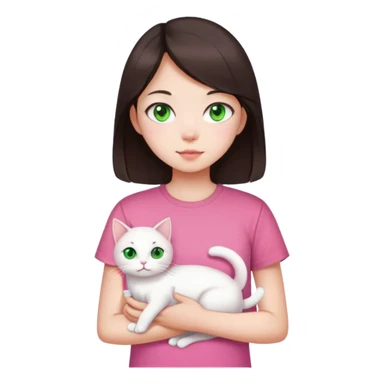 This Chinese girl has fair skin. She has long semi-short dark brown hair and is wearing a pink T-shirt. She is holding a white cat, her cat has green eyes sticker