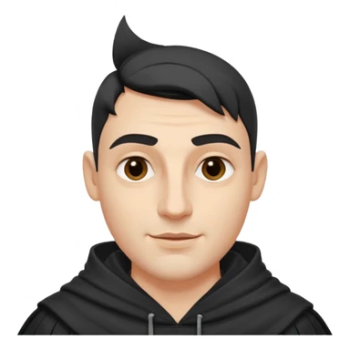 A handsome man with fair complexion. masculine, roman, slightly crooked nose. Thick triangular eyebrows. Hooded eyes and black pupils.  smily lips with a heavy top lid.  Jinu haircut sticker