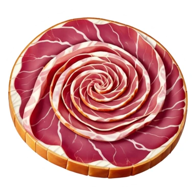 dry-cured Italian ham thin folded slices, deep pink-red, translucent, creamy white fat marbling, natural curl, silky surface, no plate, garnish, or packaging, soft lighting, emoji scale sticker