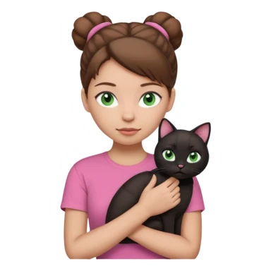 girl emoji with blue eyes, light skin, brown hair in a bun, wearing a pink t-shirt, black cat with green eyes sitting on her shoulder sticker