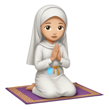 Light skin Muslim woman in plain white abaya side profile praying on prayer mat  holding up hands to god sticker
